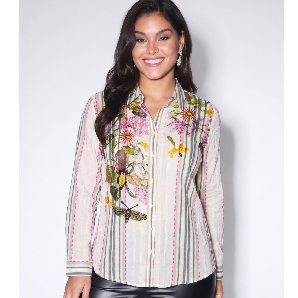 Chico's Button Down Shirt Women 12 Multi Color Beaded Floral Striped Boho